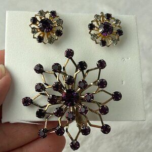 Vintage Coro Pin Brooch Earrings Set Purple + White Crystal Rhinestone Gold tone